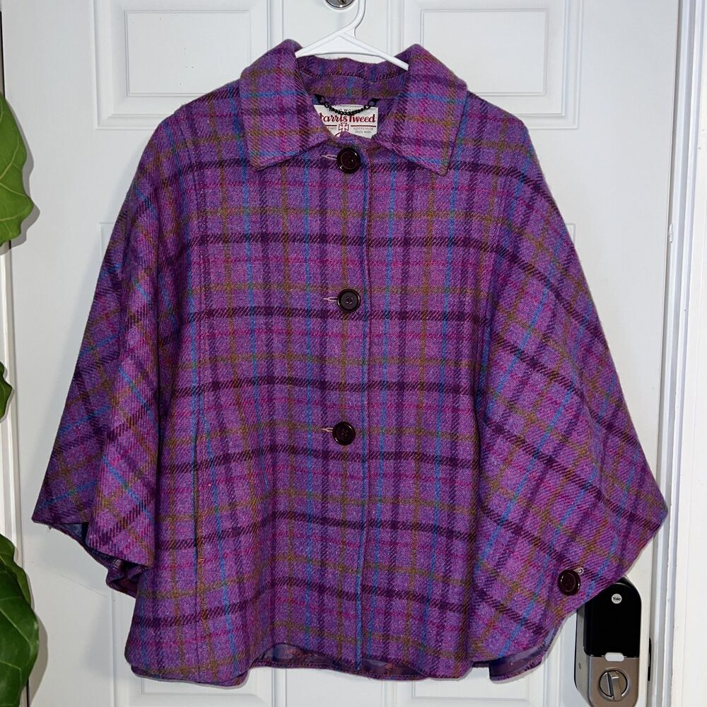 Harris Tweed Plaid Wool Cape Purple Woman's Country Poncho